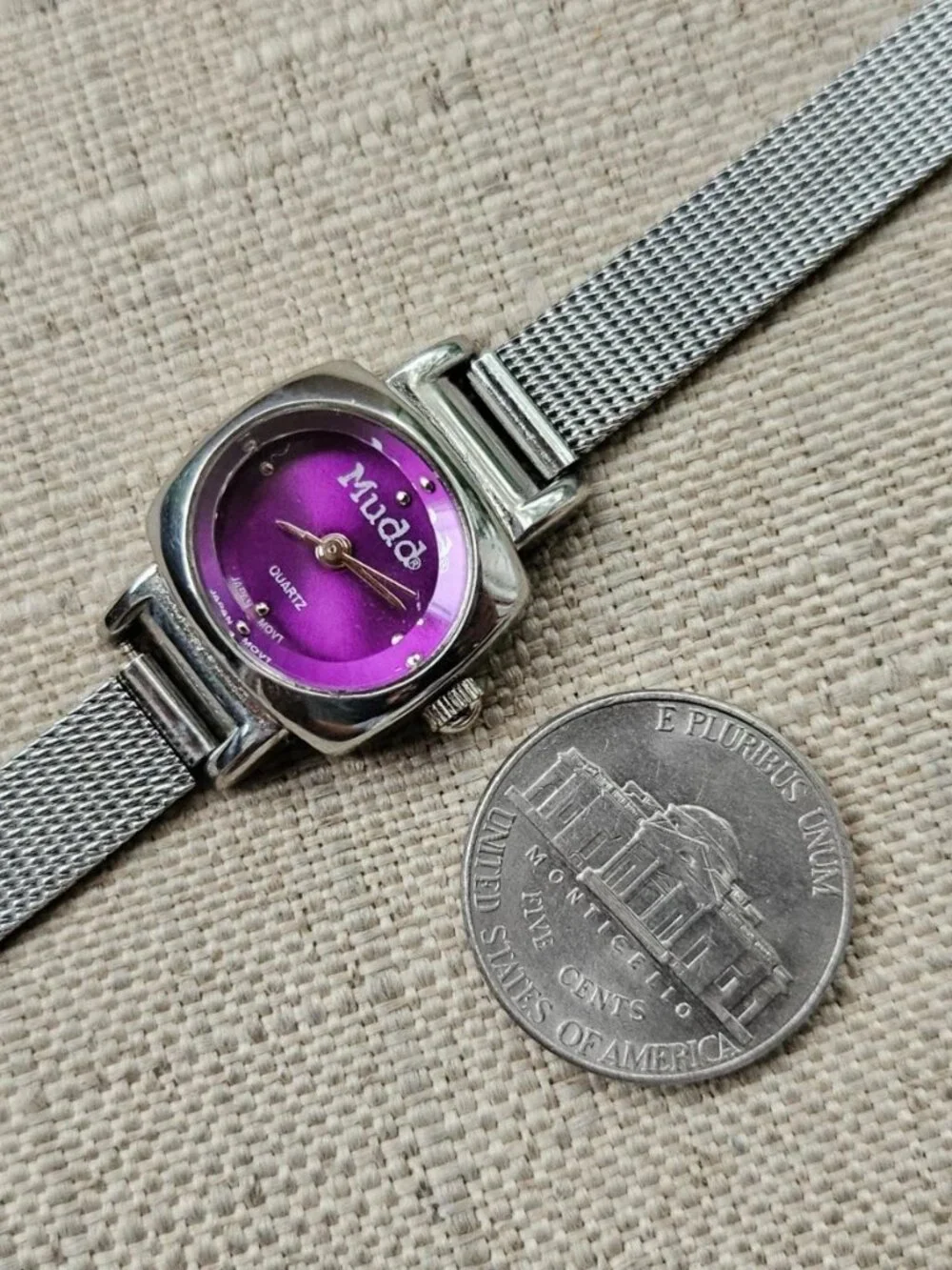 Mudd Women Wristwatch Purple Face Silver Tone Mesh Chain Band Analog Wrist Watch